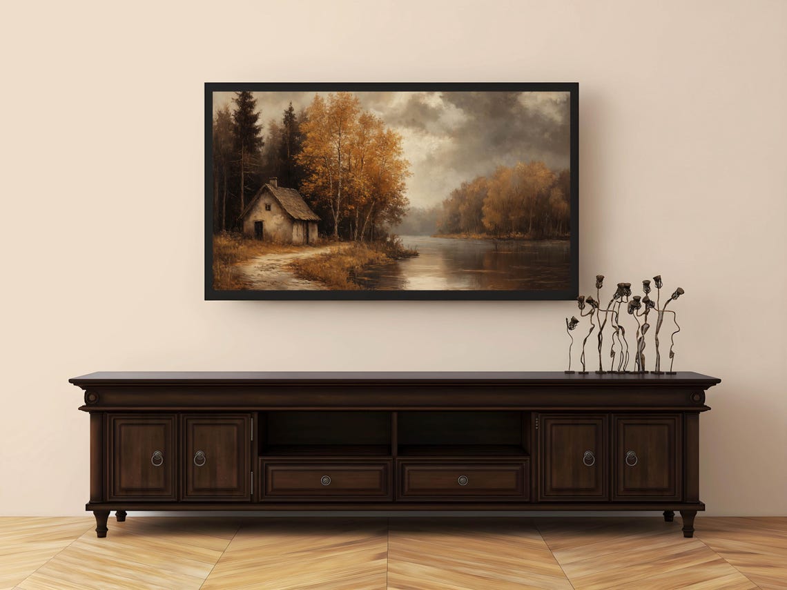 Misty Autumn Cottage Beside the Lake with Golden Birches Poster - Image 3