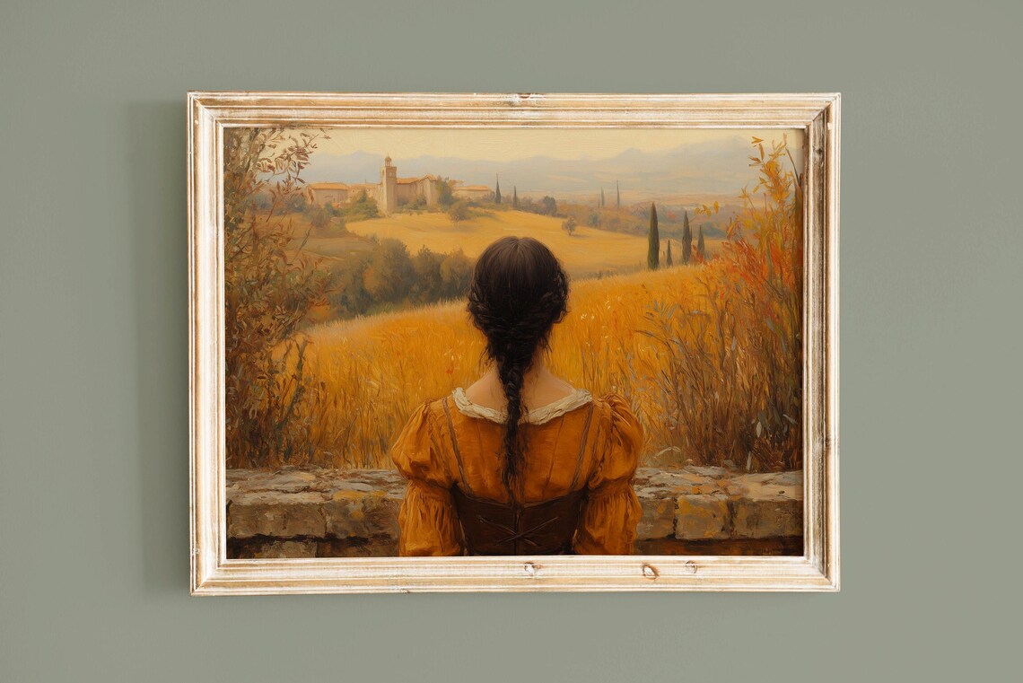 Woman in Amber Dress Overlooking Golden Tuscan Hillside Poster - Image 5