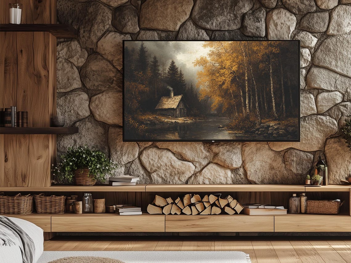 Golden Autumn Cabin Beside a Quiet Forest River Landscape Poster - Image 4