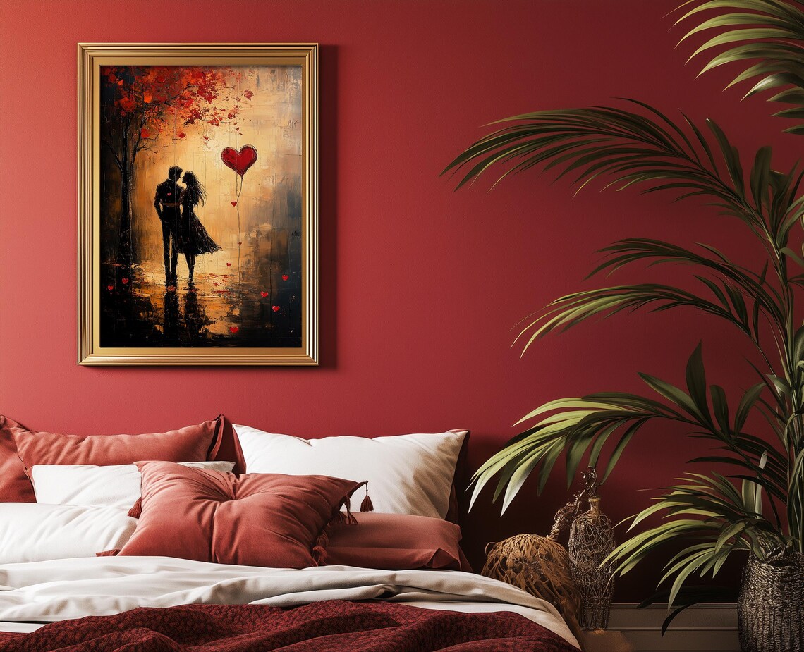 Romantic Lovers Silhouette with Red Heart Balloon Autumn Poster - Image 6