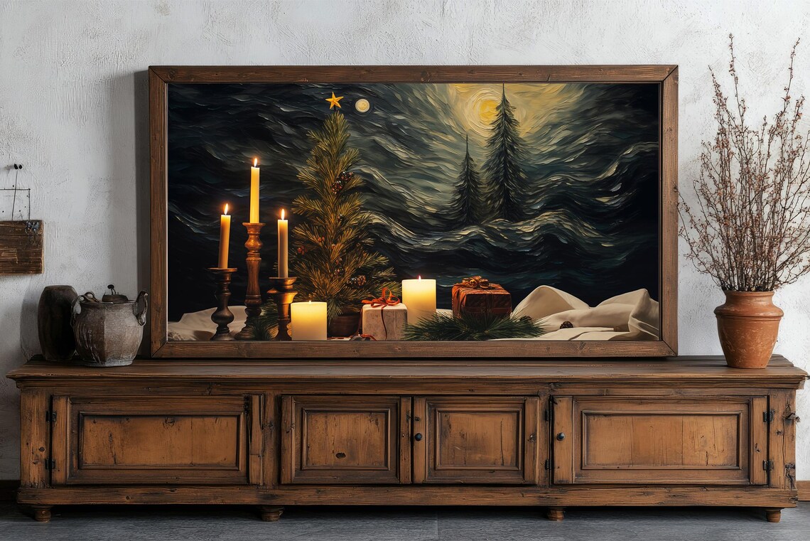 Christmas Tree With Gold Baubles Candles And Gifts By Dark Window Poster - Image 5