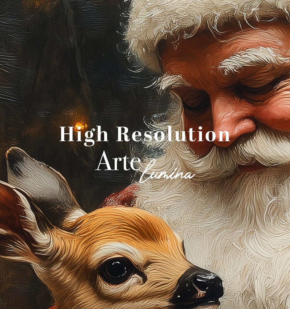 Santa Claus Holding Baby Deer Christmas Night Scene Painting Poster - Image 7