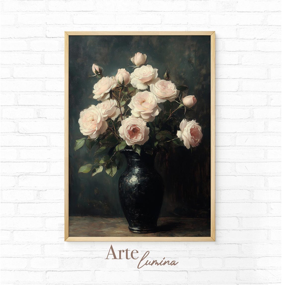 Pale Blush Roses in a Dark Vase Moody Floral Still Life Poster