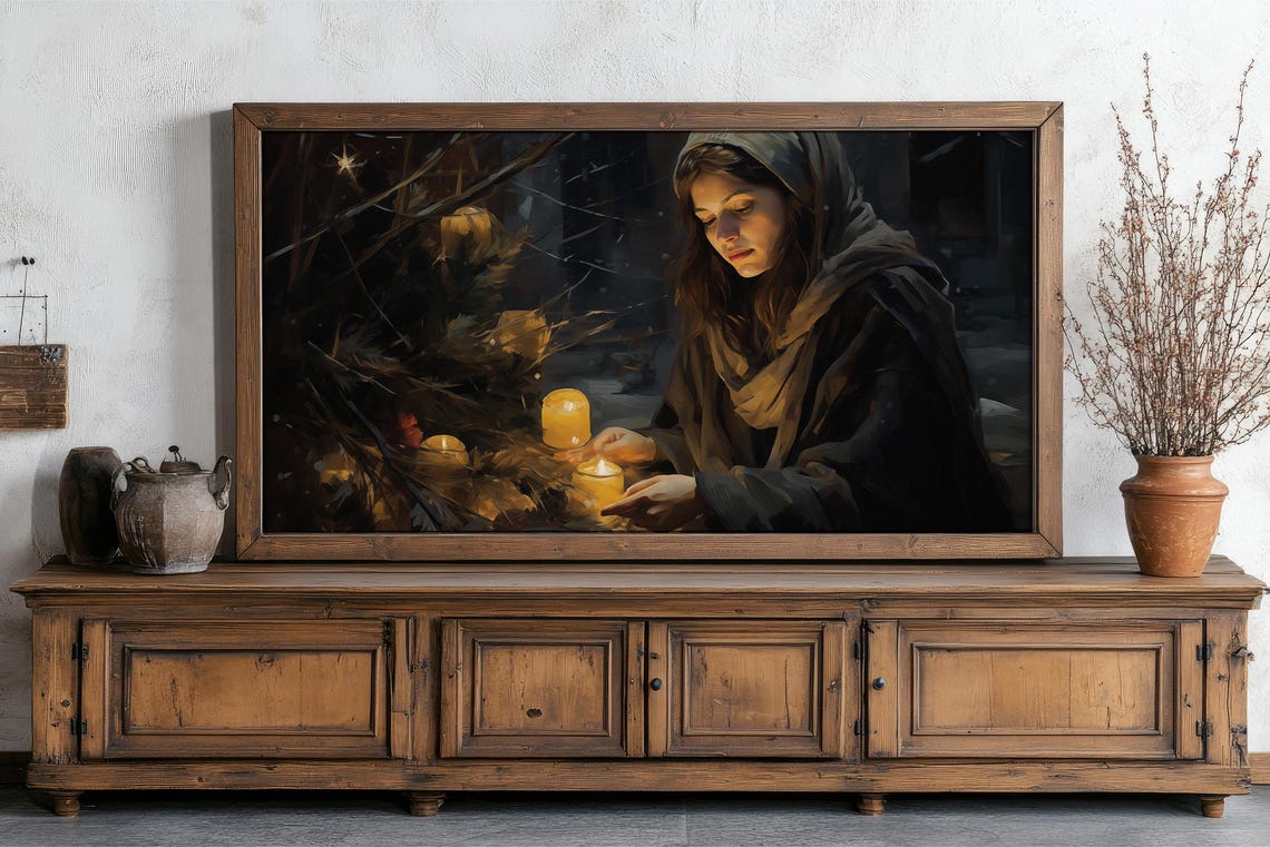 Candlelit Christmas Eve Scene with a Hooded Woman Holiday Poster - Image 5