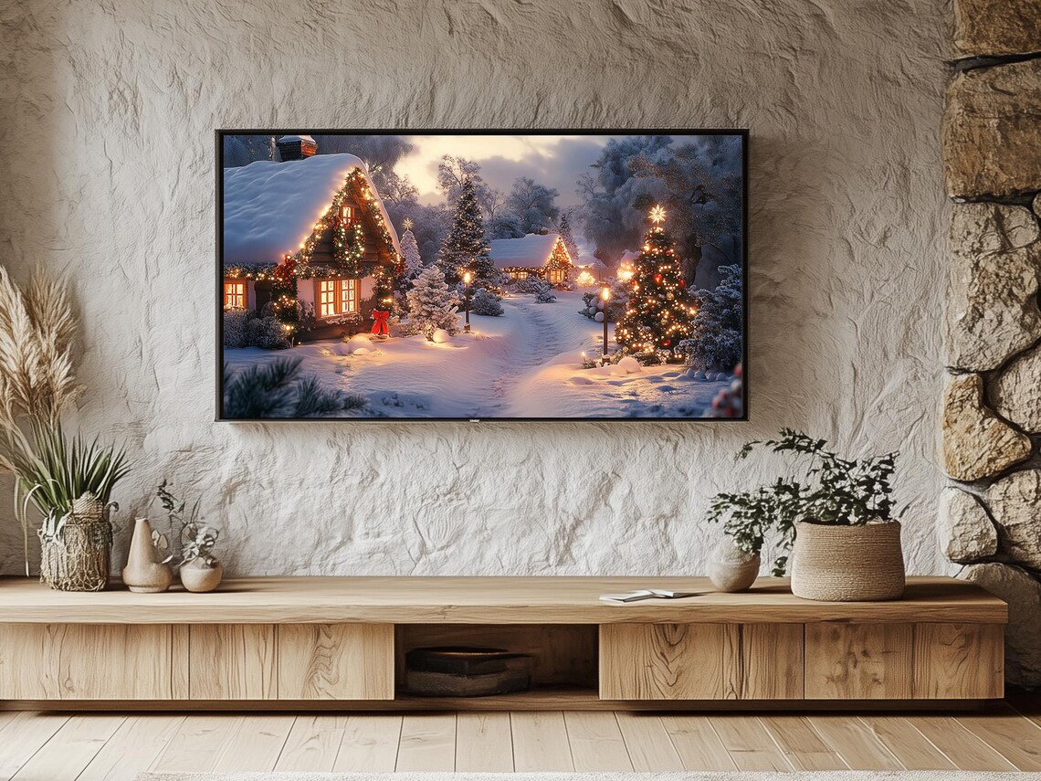 Snow Covered Christmas Cabin With Lights In Glowing Village Poster - Image 6