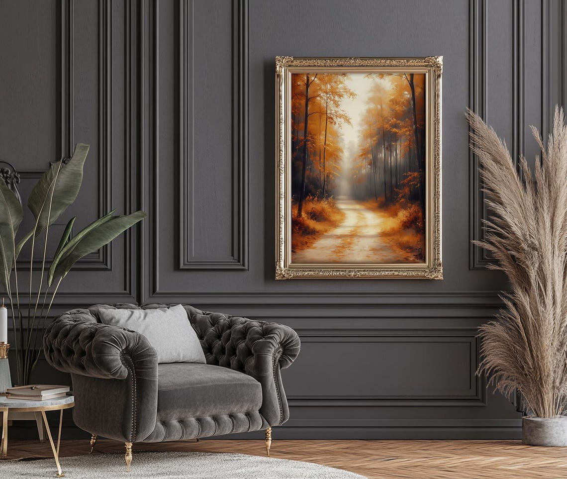 Golden Autumn Forest Path Between Towering Trees In Soft Mist Poster - Image 3