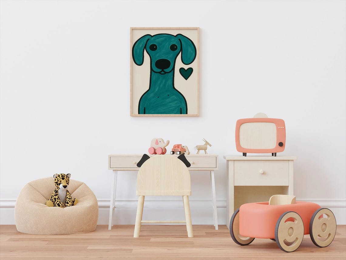 Whimsical Puppy Drawing With Heart, Nursery Decor - Image 3