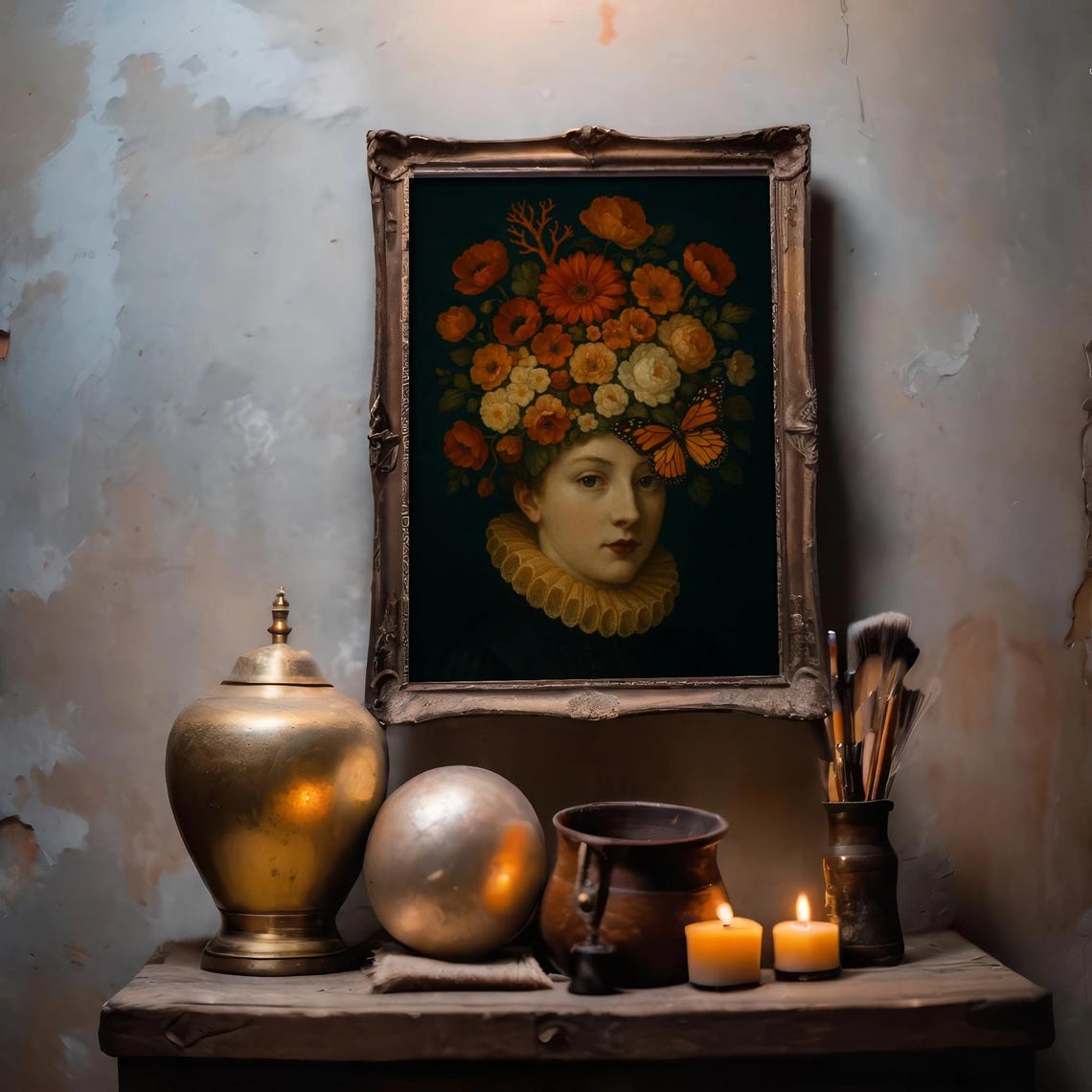Surreal Floral Portrait, Renaissance Woman With Flowers