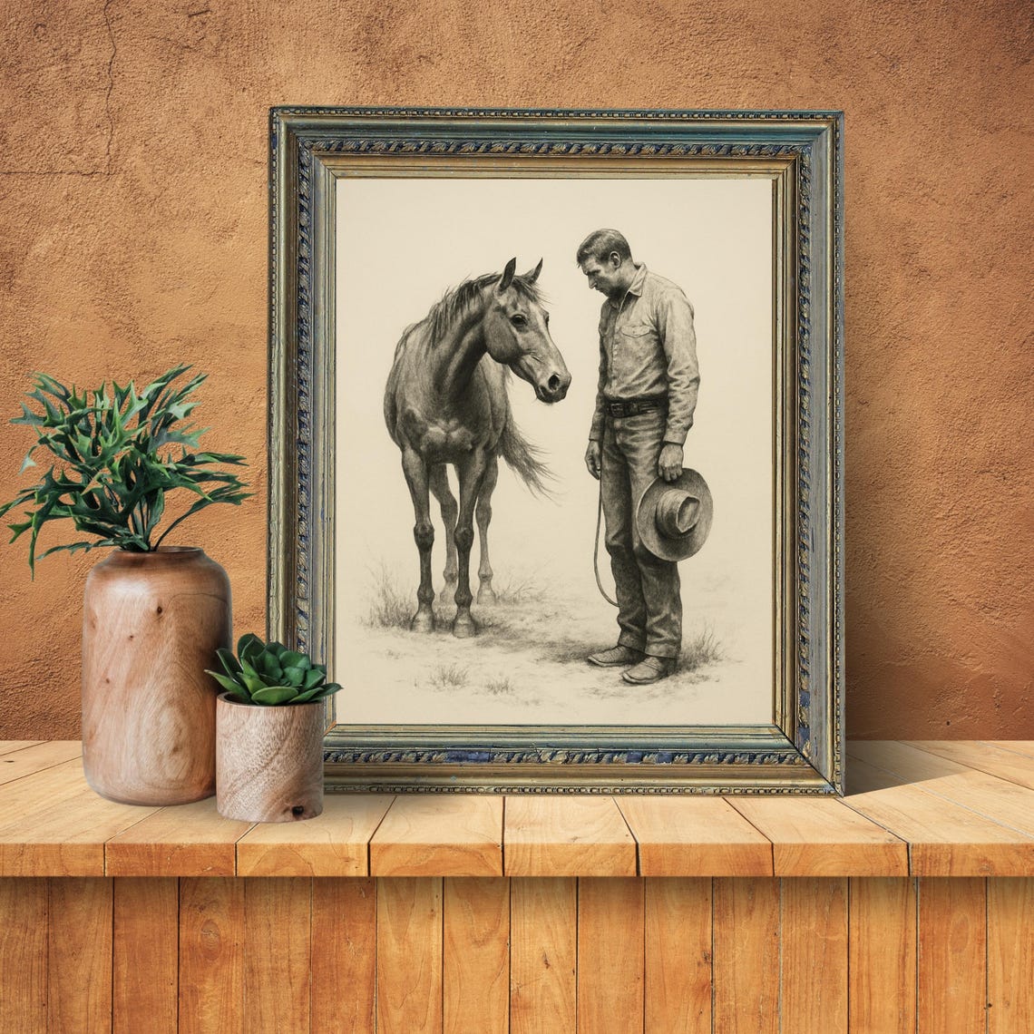 Western Cowboy And Horse Sketch, Vintage Western Decor - Image 2