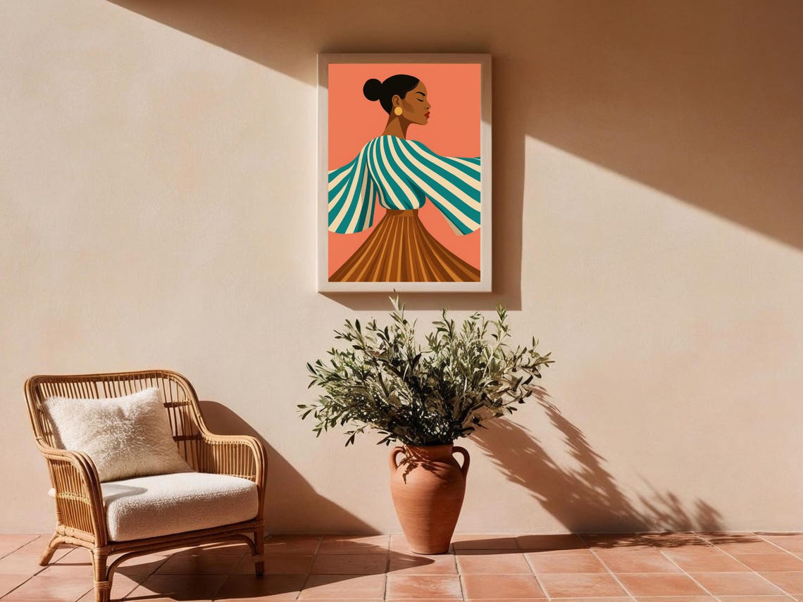 Bold Fashion Wall Art Of Woman In Teal Stripes - Image 2