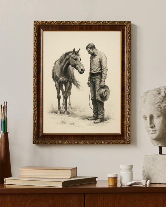 Western Cowboy And Horse Sketch, Vintage Western Decor
