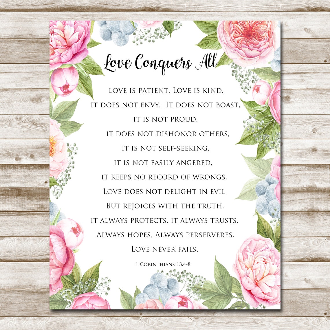 Love Conquers All 1 Corinthians 1348 Floral Scripture Wedding Wall Art - Image 4