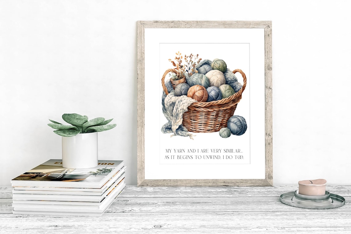My Yarn and I Funny Knitting Quote Watercolor Yarn Basket Wall Art - Image 3