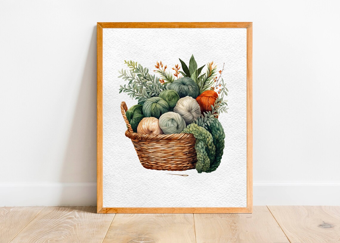 Basket of Yarn Watercolor Knitting and Crochet Hobby Art Poster - Image 2