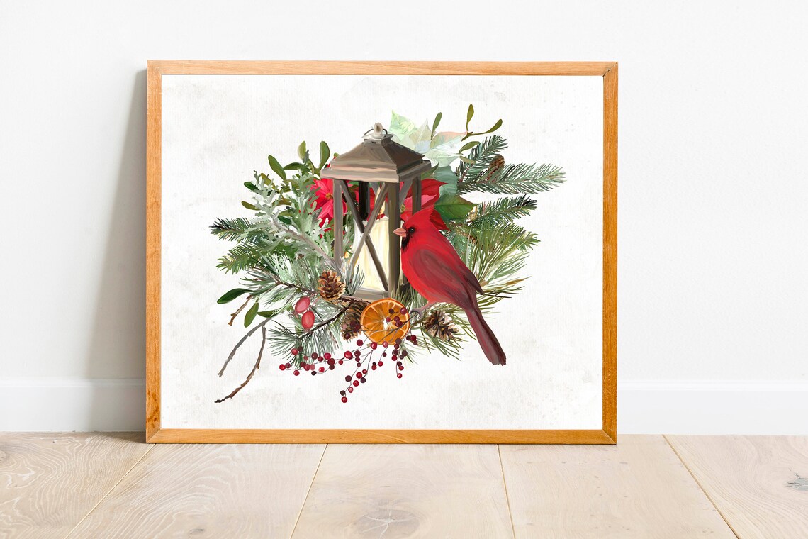 Red Cardinal Lantern Watercolor Christmas Evergreen Berries Poster - Image 2
