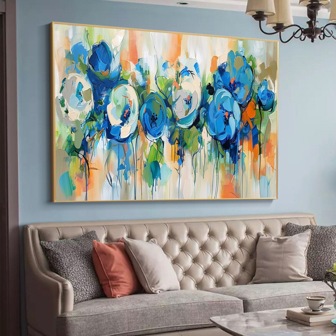 Blue Floral Blooms Green Orange Loose Abstract Flower Painting Poster - Image 7