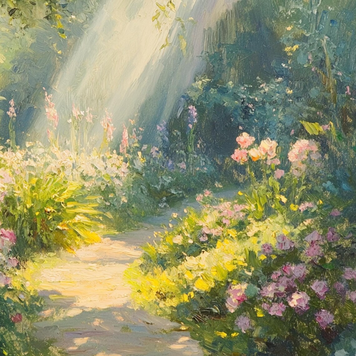 Sunlit Garden Path with Flowers and Light Rays Painting Poster - Image 5