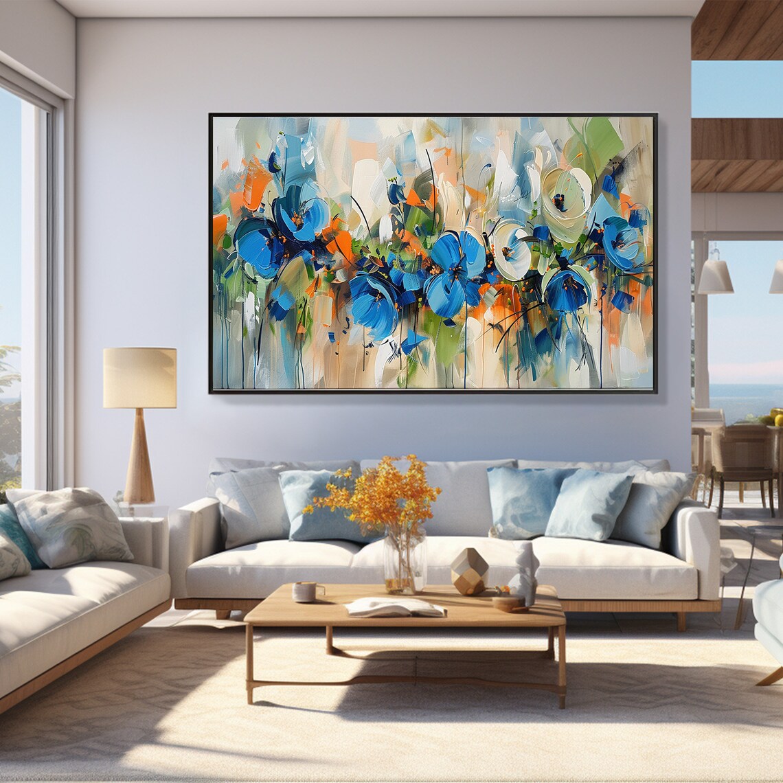 Loose Blue Orange and White Abstract Floral Bouquet Painting Poster - Image 4