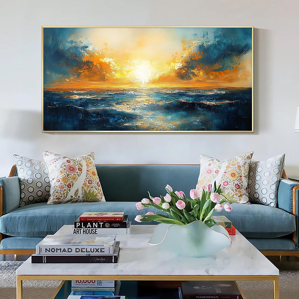 Golden Sunset Over Deep Blue Ocean Oil Style Seascape Art Poster - Image 4