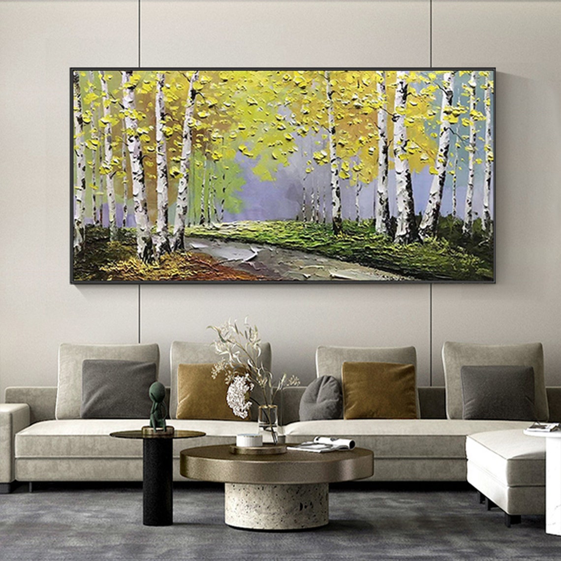 White Birch Forest Path with Yellow Canopy Oil Painting Poster - Image 6