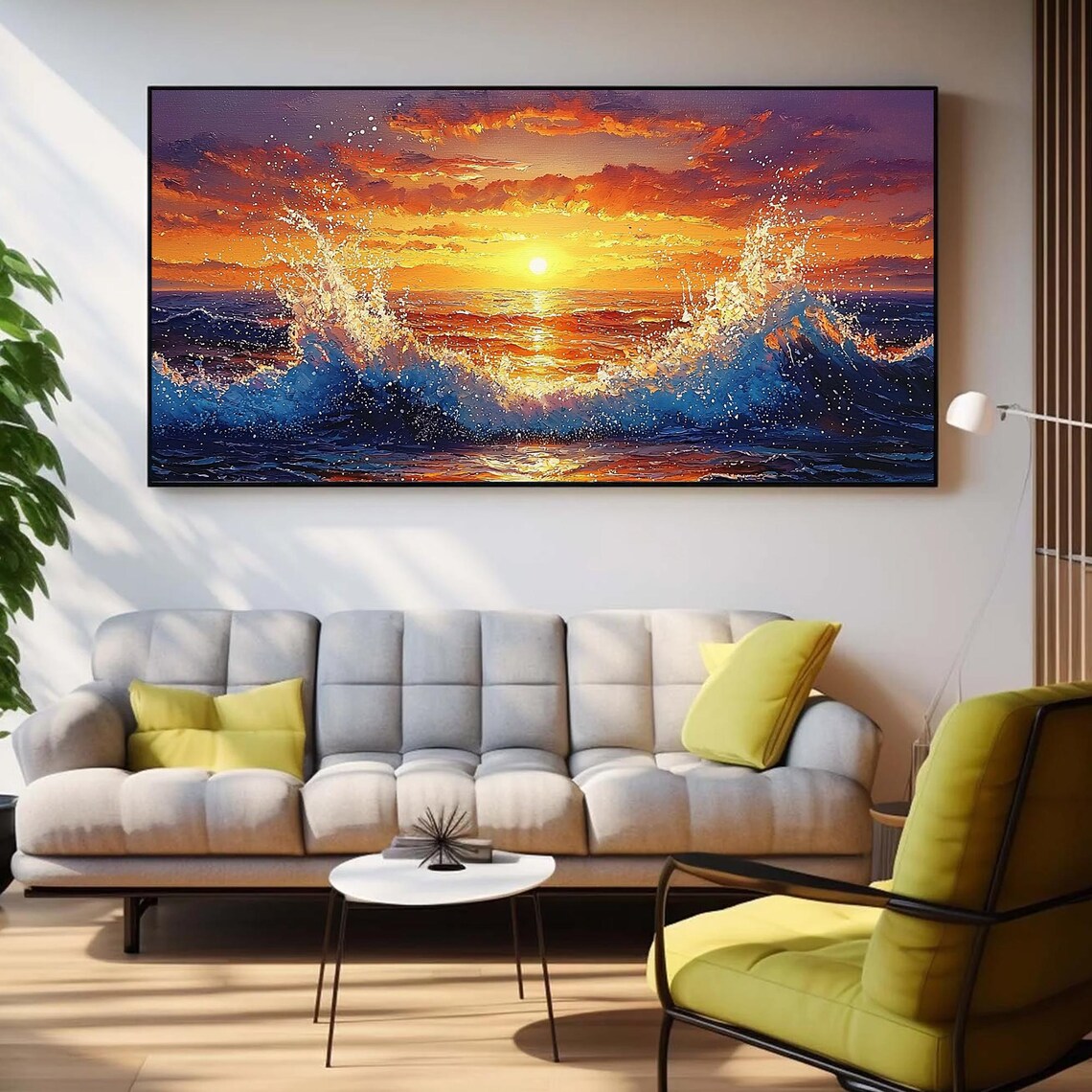 Golden Sun Center Ocean Sunset with Crashing Waves Oil Poster - Image 4