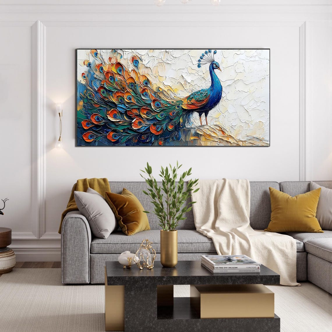 Standing Peacock in Profile with Colorful Tail on White Poster - Image 4