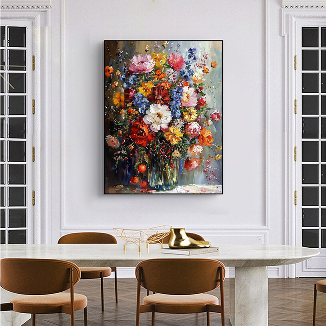 Colorful Flower Bouquet Glass Vase Vertical Oil Painting Poster - Image 2