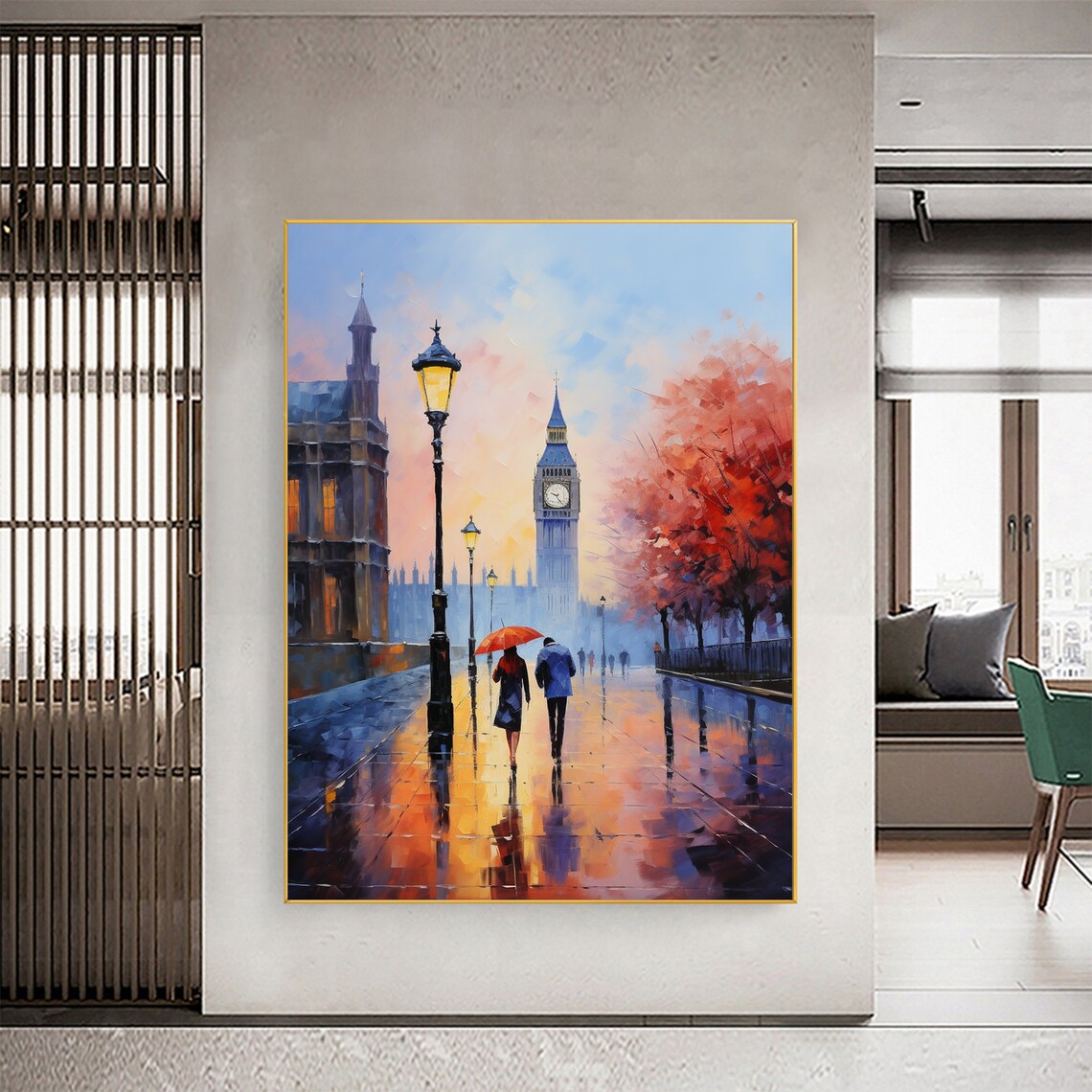 Evening London Promenade Big Ben Couple with Red Umbrella Poster - Image 2