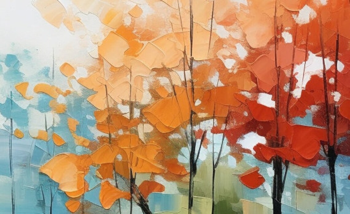 Autumn Forest Trees Reflecting Lake Impasto Landscape Painting Poster - Image 4
