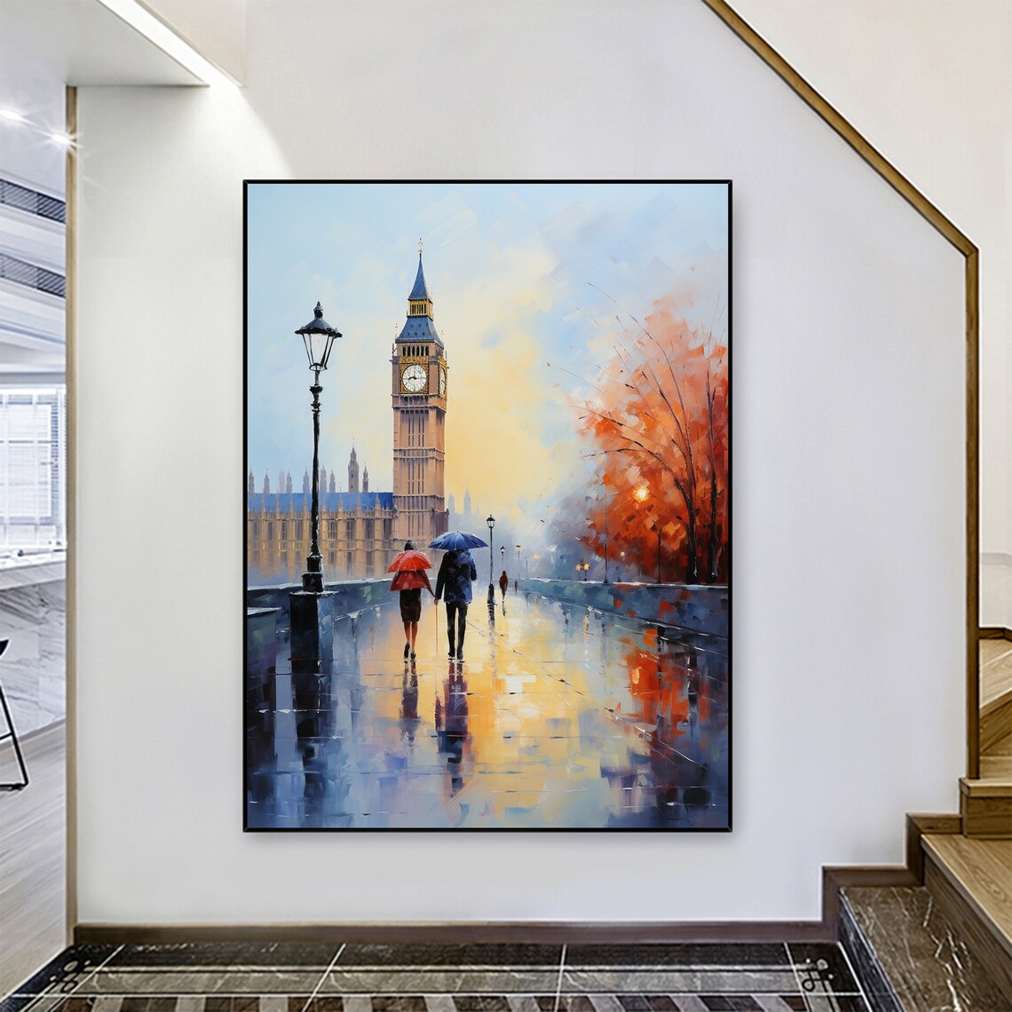 Rainy London Big Ben Umbrella Couple Romantic City Art Poster - Image 2