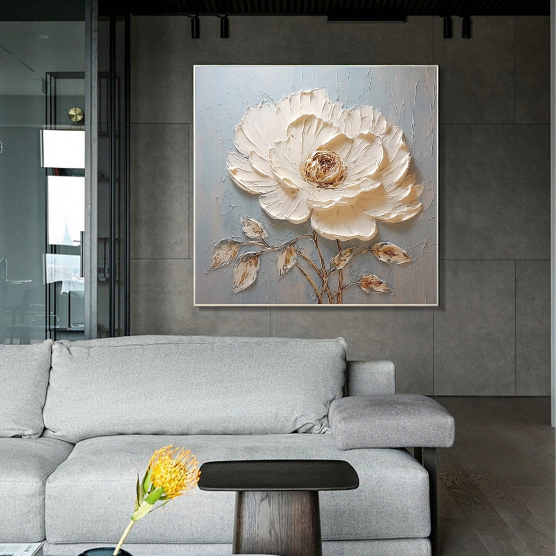Single White Peony Flower Thick Impasto on Gray Blue Art Poster - Image 3