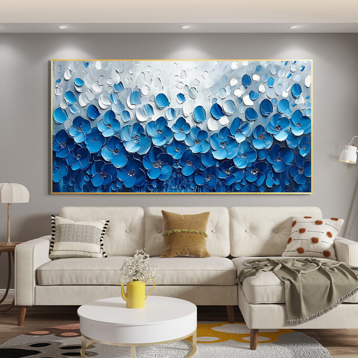 Blue and White Flower Field Ombré Gradient Impasto Floral Poster - Image 3