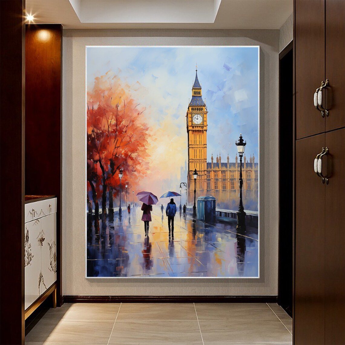 Rainy London Street with Big Ben Umbrellas and Autumn Poster - Image 2