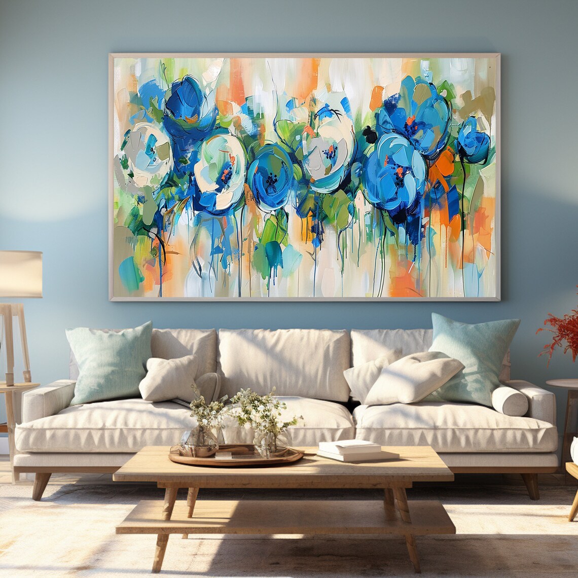 Blue Floral Blooms Green Orange Loose Abstract Flower Painting Poster - Image 2