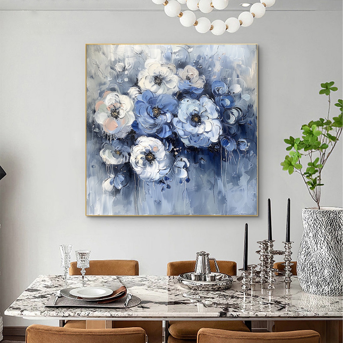 Blue and White Peony Floral Oil Painting Style Blossom Poster - Image 4