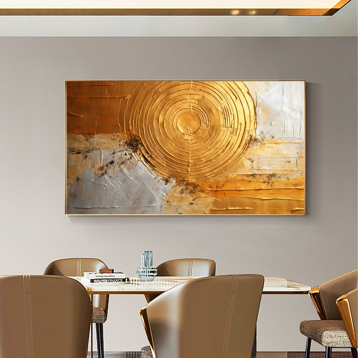 Gold Circle Sun Gray White Marble Textured Abstract Painting Poster - Image 4