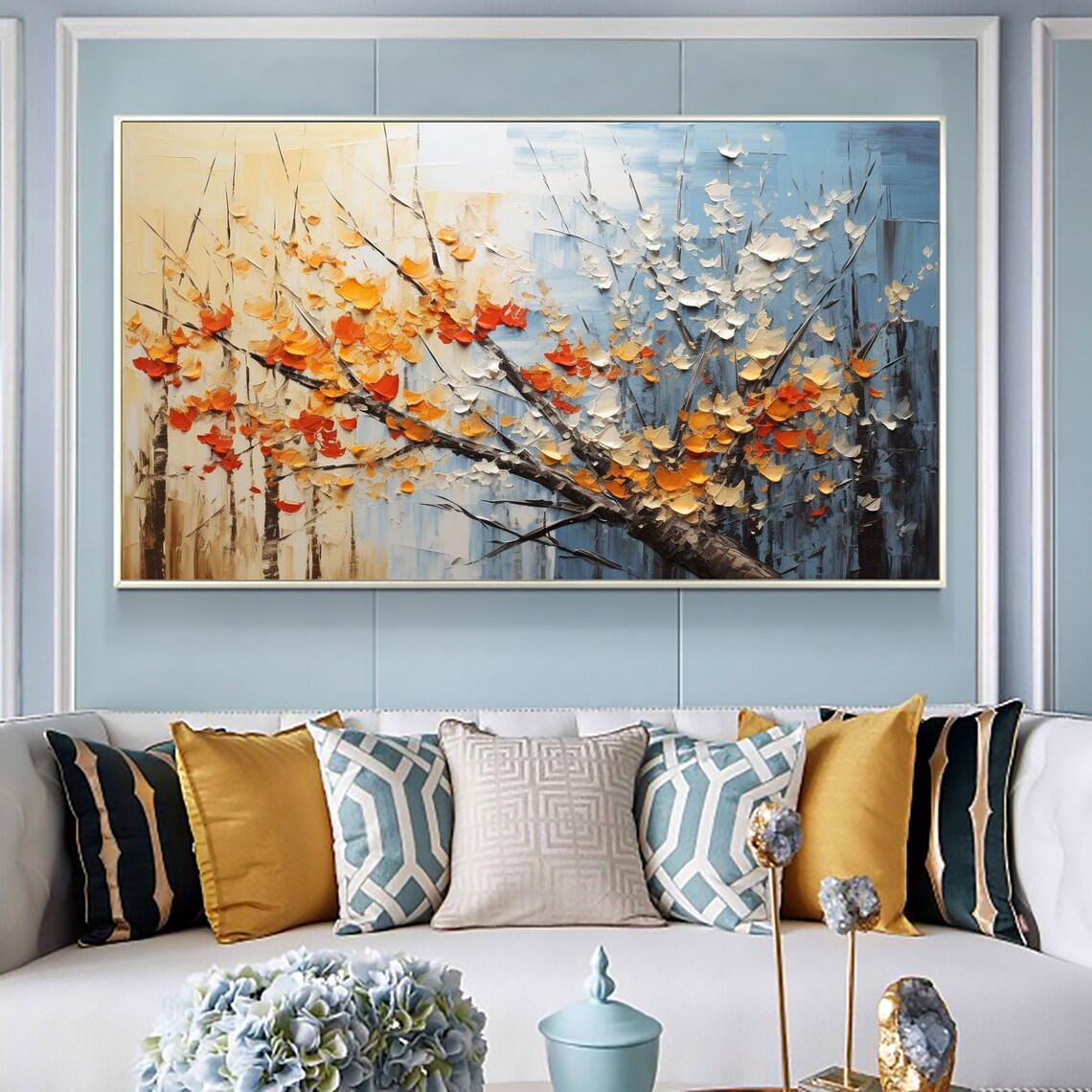 Orange Blossom Branch Blue Palette Knife Floral Painting Poster - Image 7