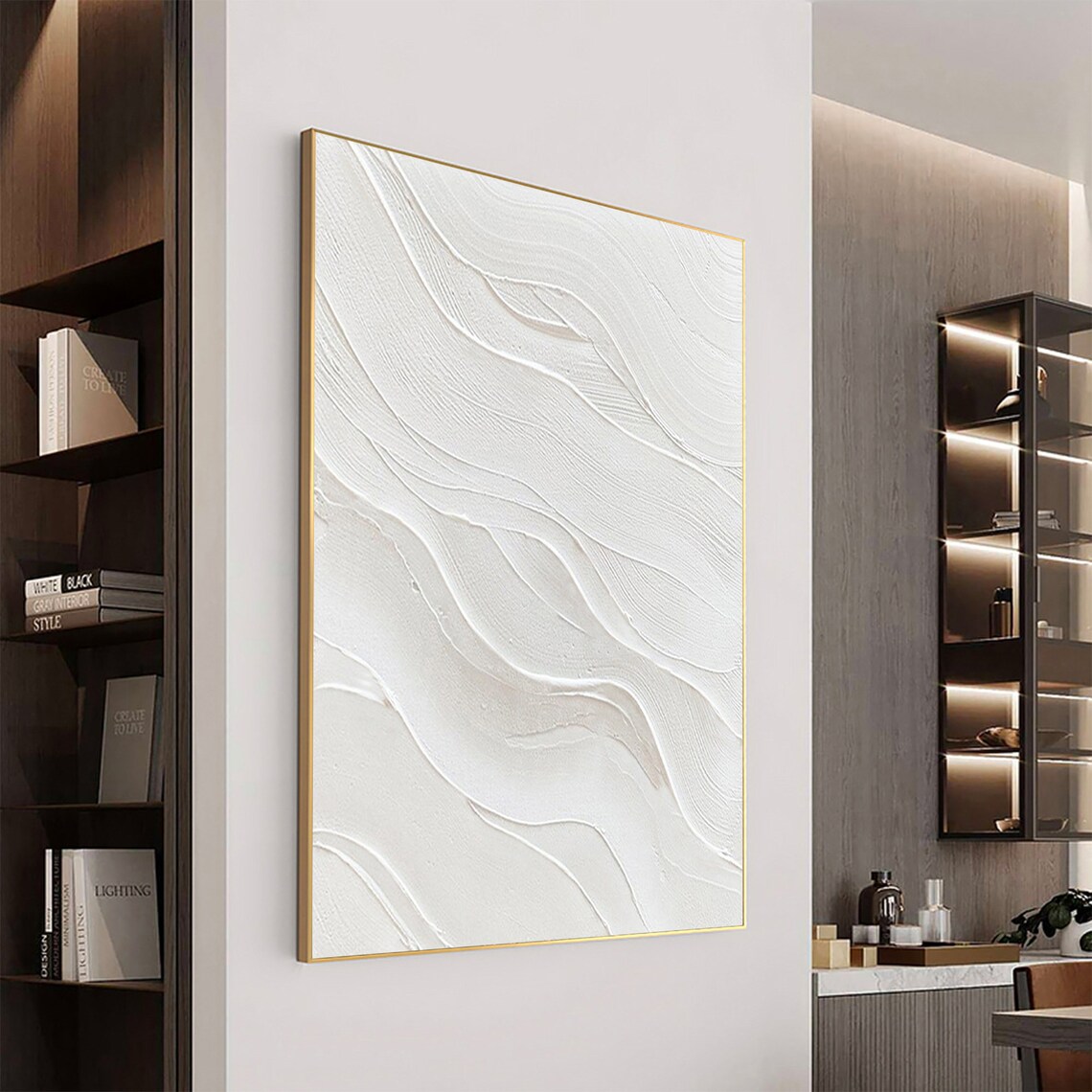Minimalist All White Textured Wave Abstract Relief Oil Poster - Image 3