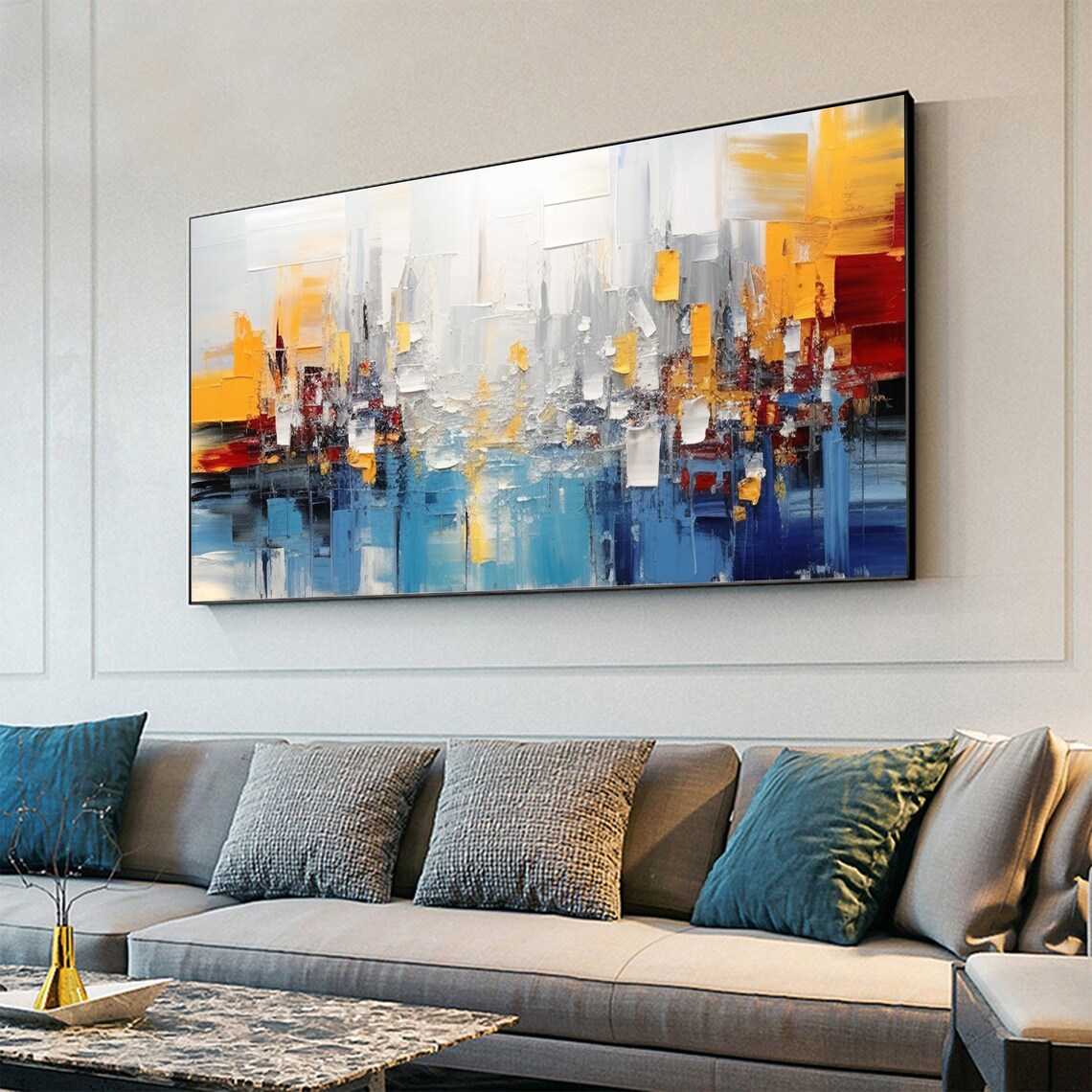 Abstract Blue White and Gold Cityscape Texture Art Oil Poster - Image 4