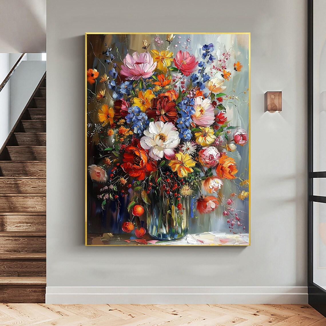Colorful Flower Bouquet Glass Vase Vertical Oil Painting Poster - Image 7