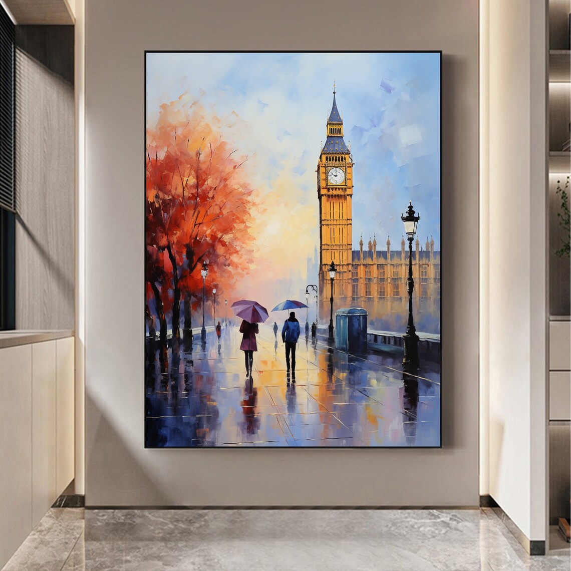 Rainy London Street with Big Ben Umbrellas and Autumn Poster - Image 5
