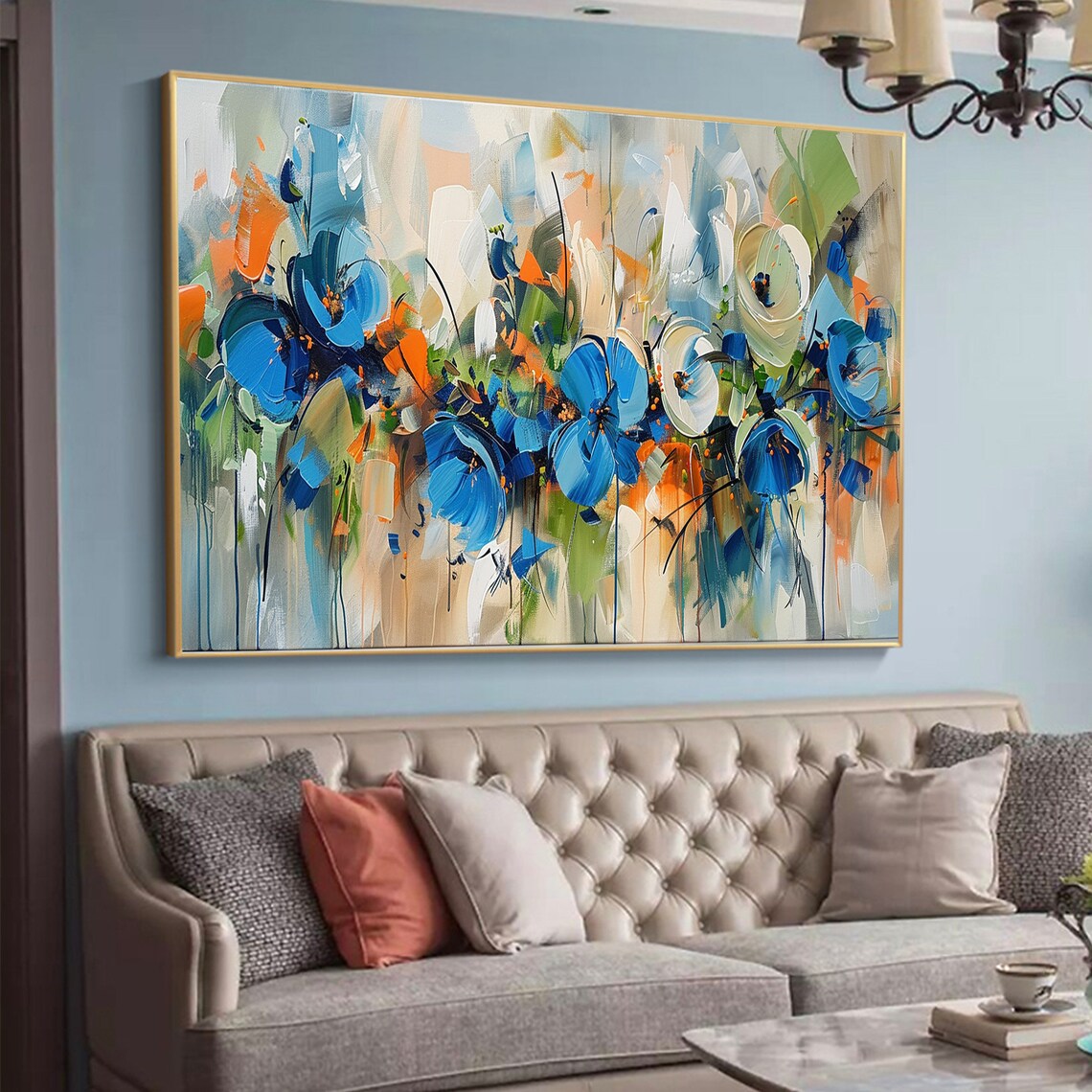 Loose Blue Orange and White Abstract Floral Bouquet Painting Poster - Image 6