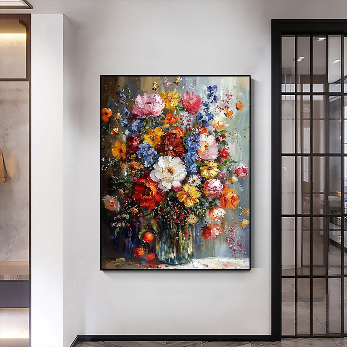 Colorful Flower Bouquet Glass Vase Vertical Oil Painting Poster - Image 3