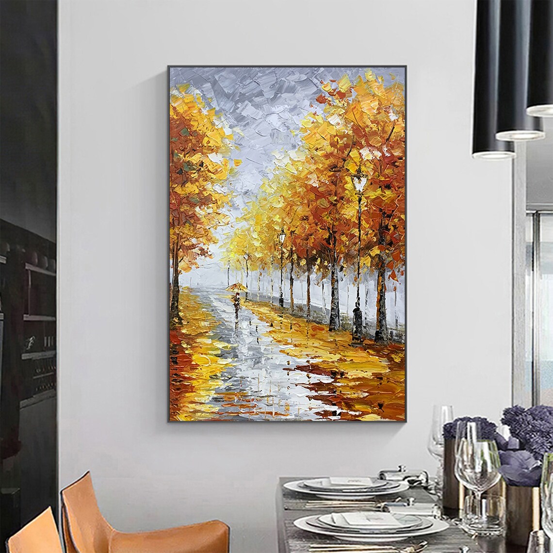Rainy Autumn Street with Umbrella Golden Trees Oil Painting Poster - Image 2