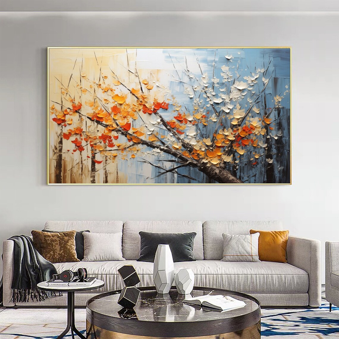 Orange Blossom Branch Blue Palette Knife Floral Painting Poster - Image 4