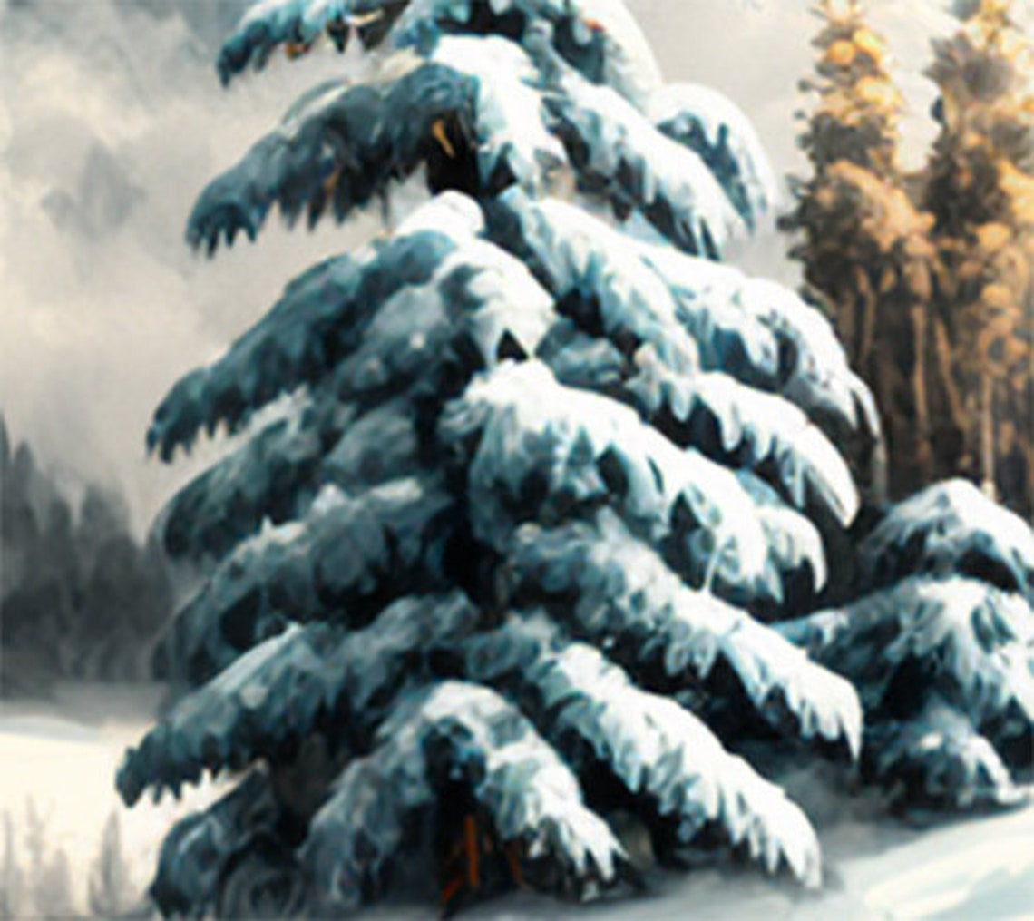 Snowy Winter Mountain Stream with Frosted Pine Trees Scene Poster - Image 4