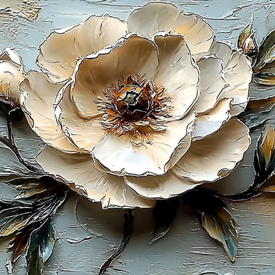 White Peonies Teal Panoramic Floral Sculpted 3D Flower Painting Poster - Image 6