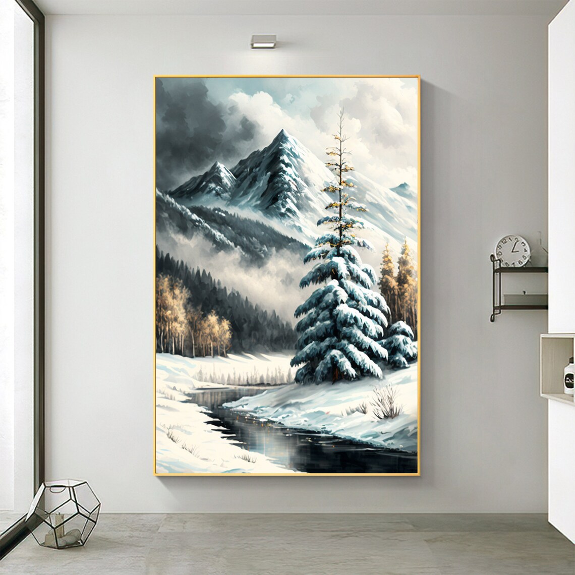 Snowy Winter Mountain Stream with Frosted Pine Trees Scene Poster - Image 2