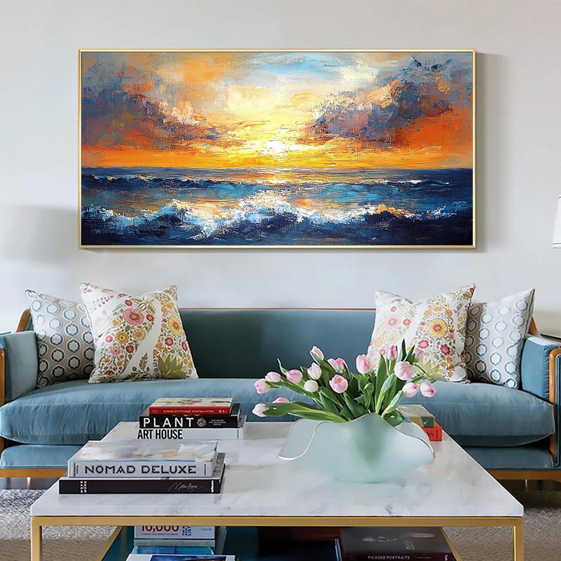 Ocean Sunset Waves Orange Sky Blue Sea Landscape Painting Poster - Image 4