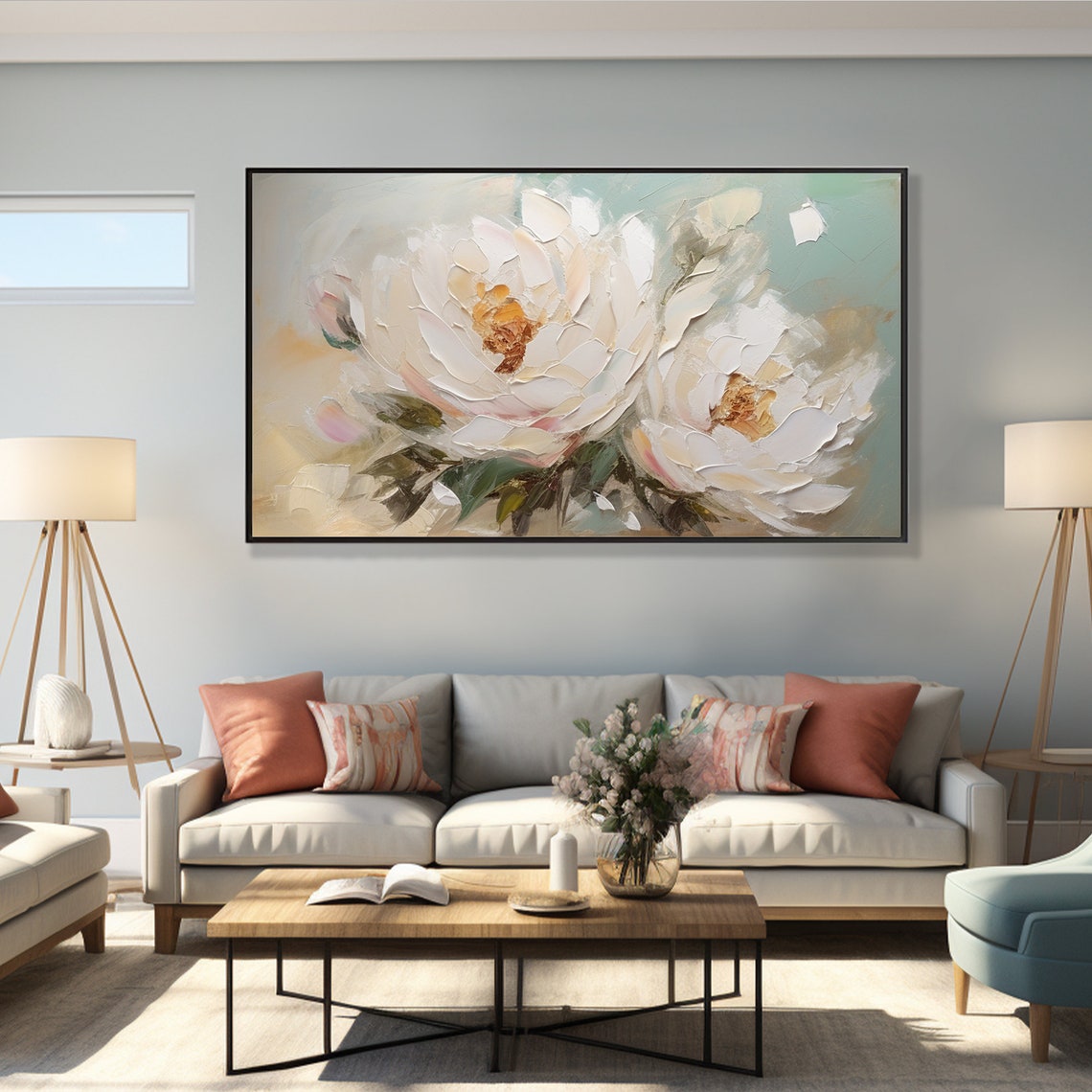 Soft White Peonies Teal Dreamy Pastel Floral Painting Poster - Image 2